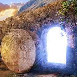 He is Risen. Crucifixion at Sunrise. Light From Within The Tomb Of Jesus. Outside view on Tomb.